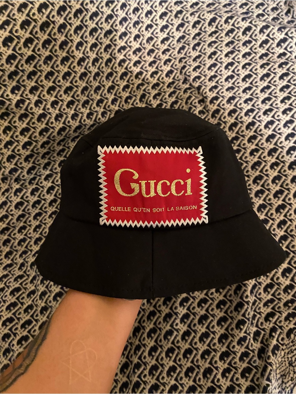 Black Bucket Hat with Red Logo Patch